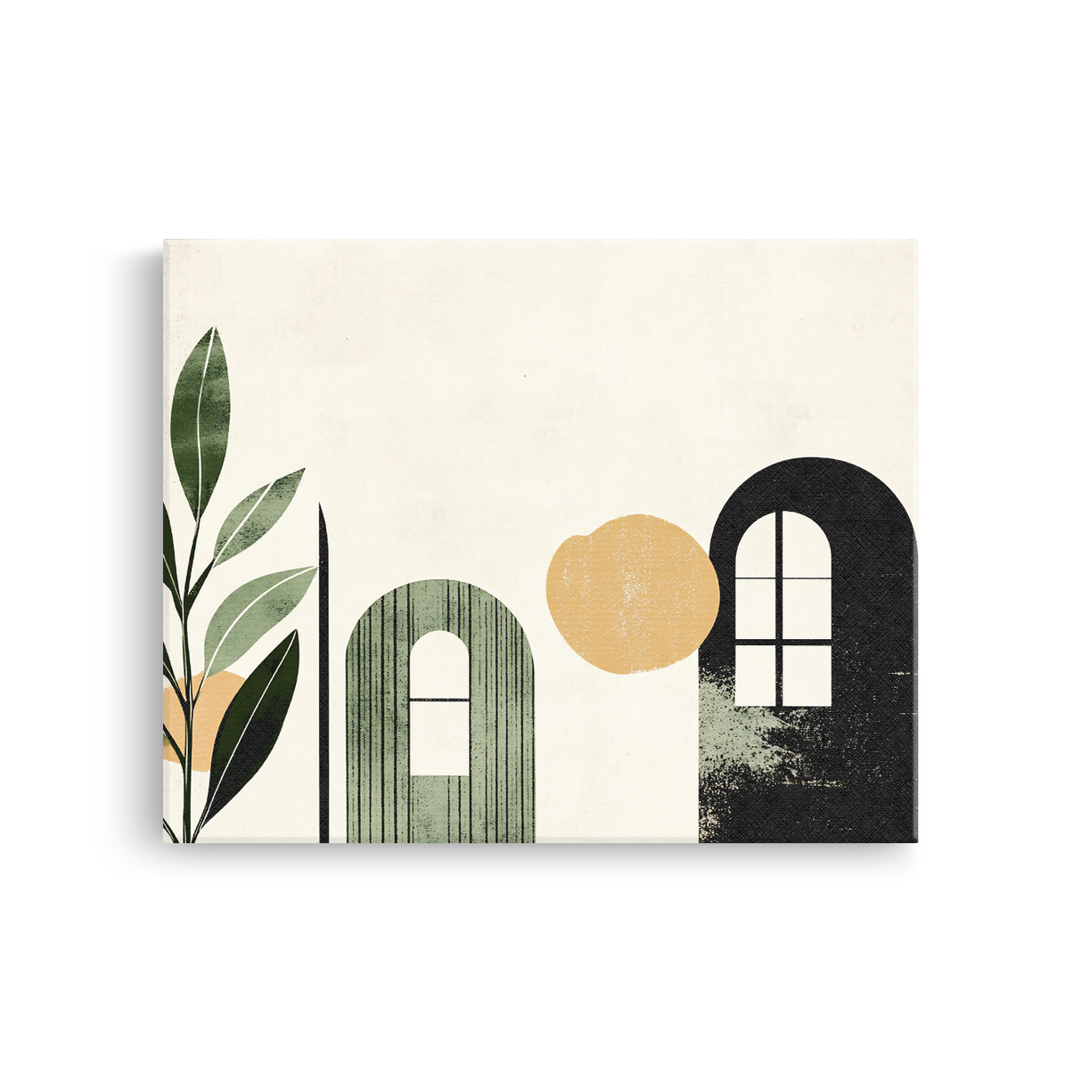Tablou Canvas Camere cu Geamuri, Uși și Plante, în Stil Japandi, Negru – Verde