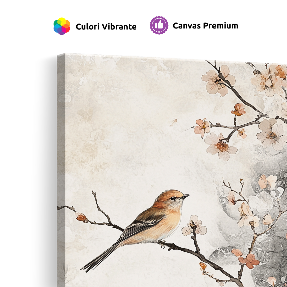 Tablou Canvas Pasăre pe Ramură de Cireș Înflorit, Stil Oriental, Bej-Corai