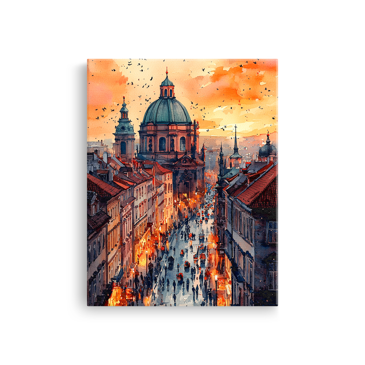 Tablou-Canvas-Peisaj-Urban-la-Apus-Acuarela-Portocaliu-Albastru-IPCVBST-22-Fata