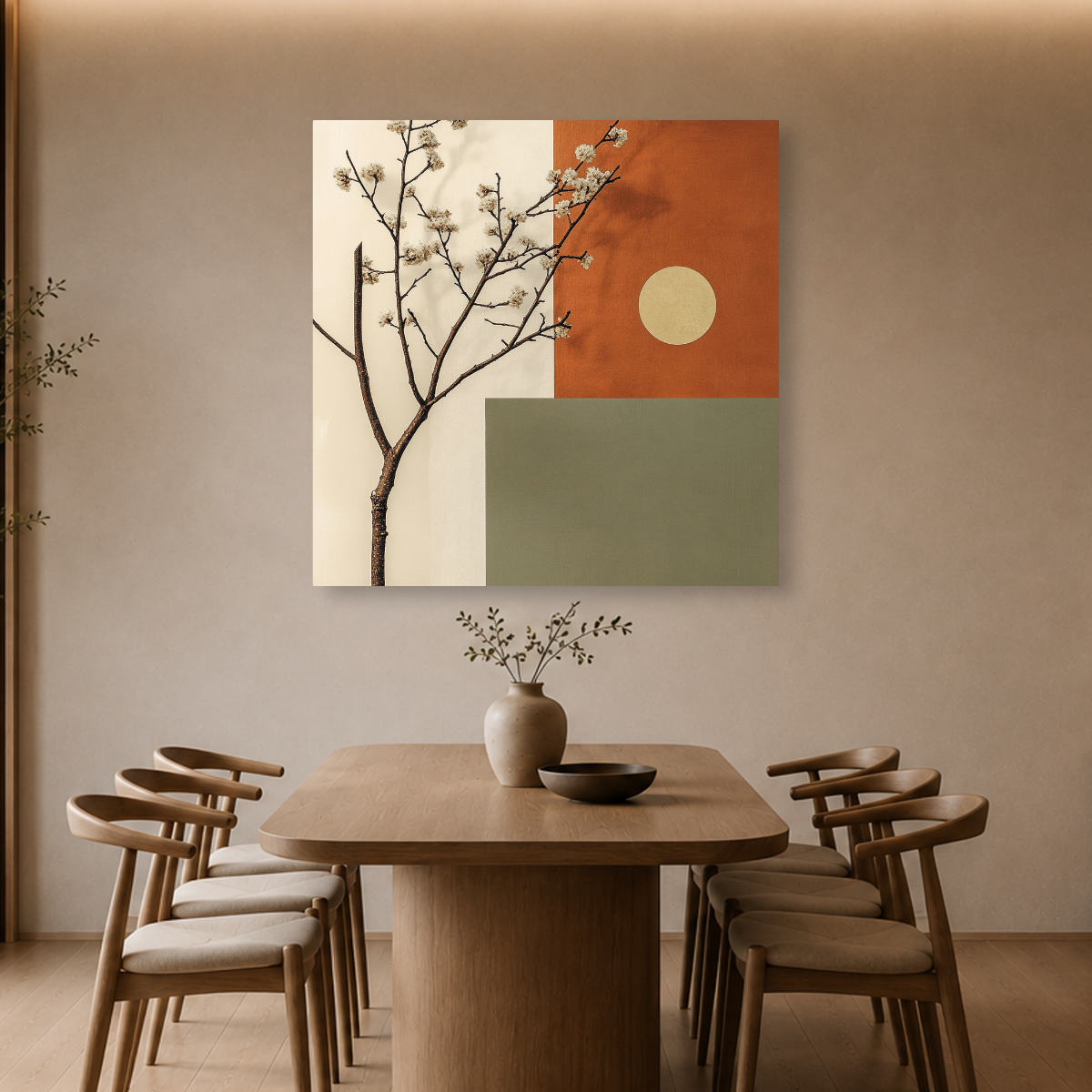 Tablou Canvas Cireș Japonez și Forme Geometrice, în Stil Japandi, Oliv – Portocaliu