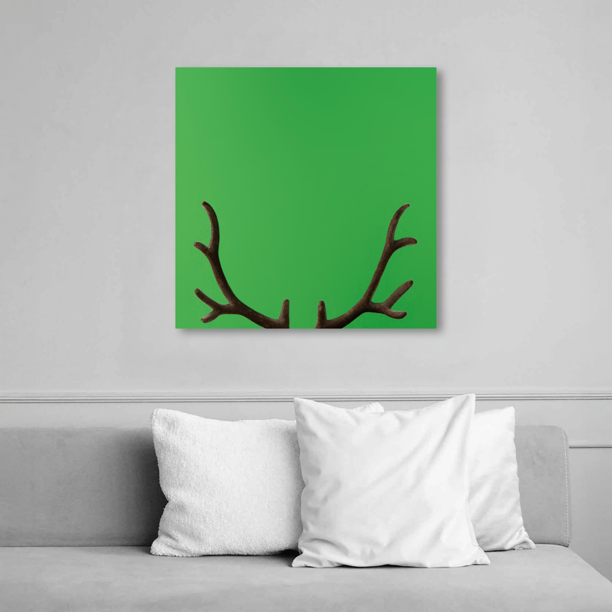 Tablou Canvas Coarne de Cerb Minimaliste, Stil Grafic Modern, Verde-Maro
