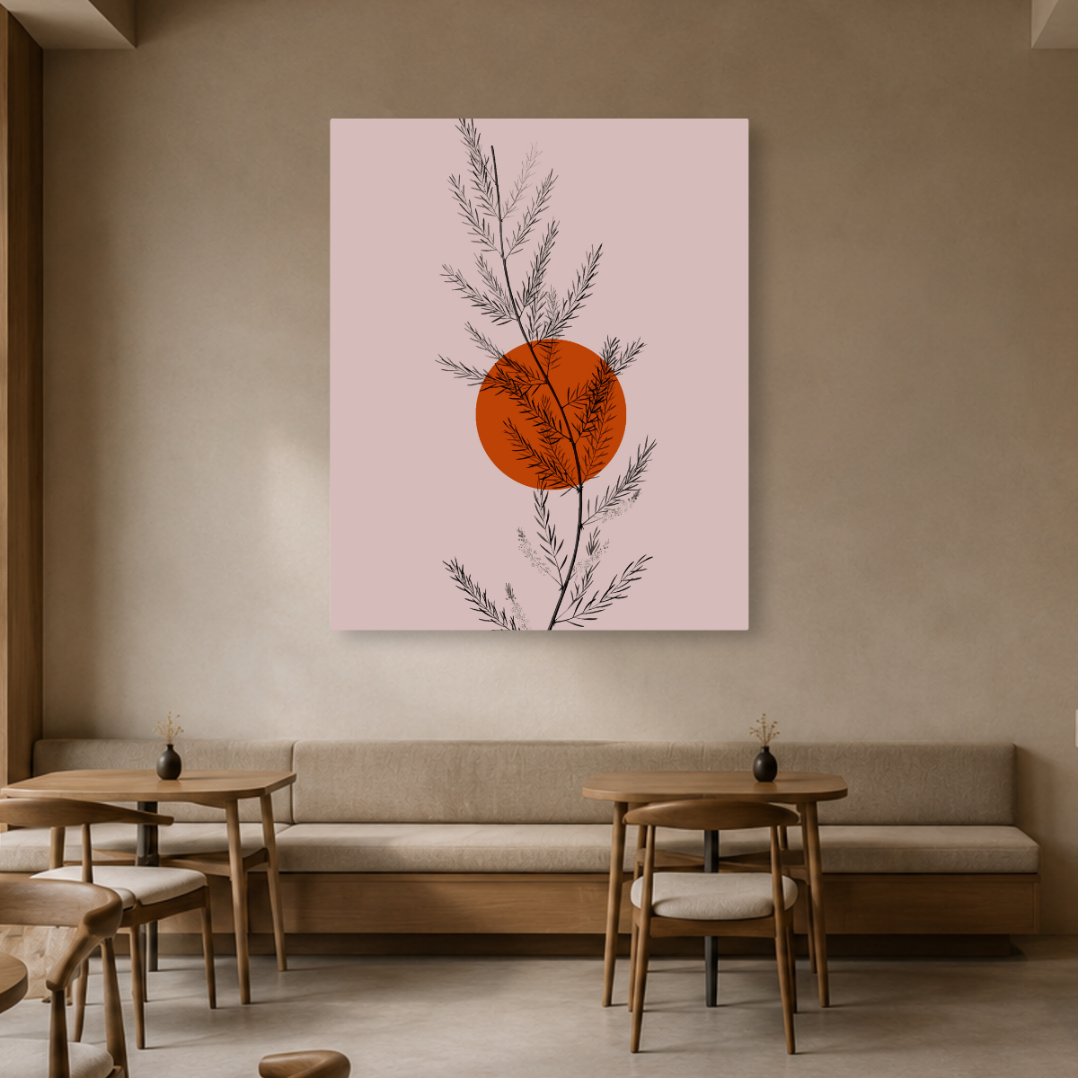 Tablou Canvas Forme Abstracte și Plante, în Stil Japandi, Roz – Portocaliu