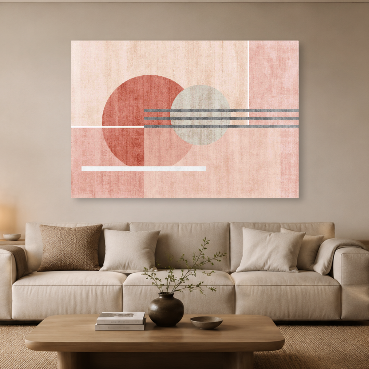 Tablou Canvas cu Linii Groase și Cercuri de Dimensiuni, în Stil Japandi, Roz Pastel
