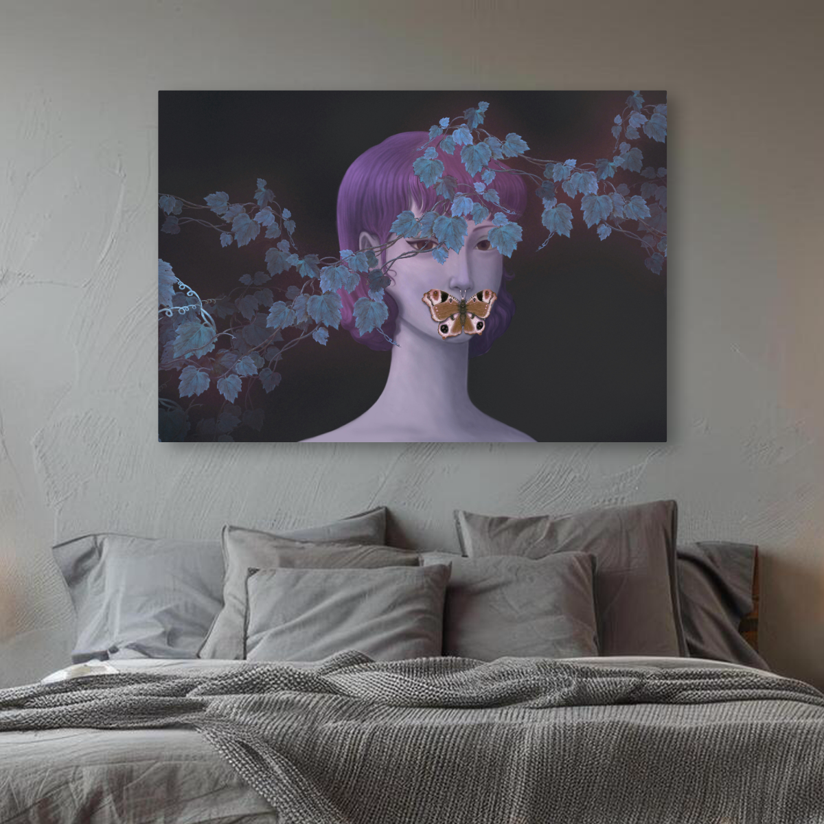 Tablou Canvas Femeie cu Fluture pe Buze, Artă Contemporană, Mov-Albastru IPCVART-480