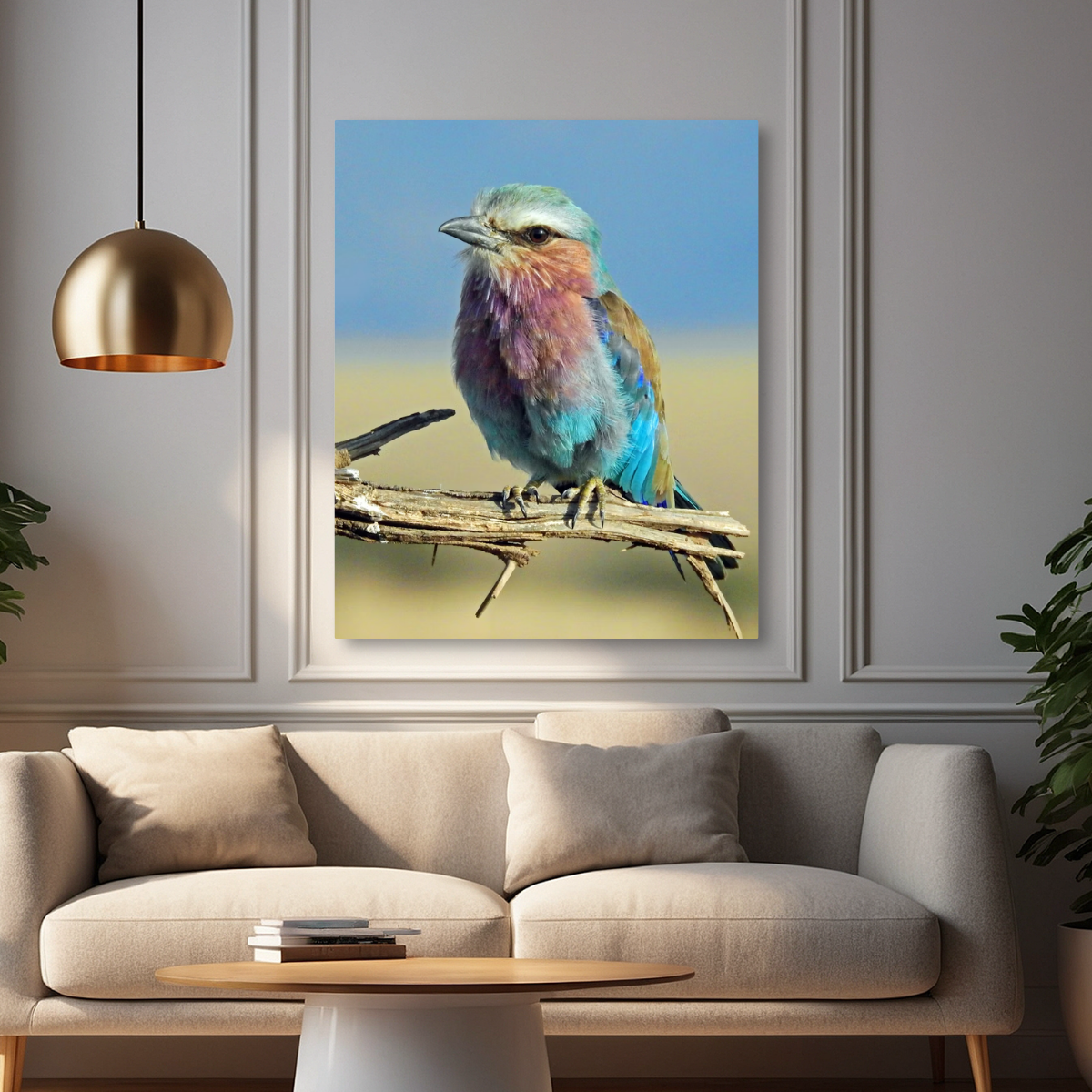 Tablou Canvas Pasăre Multicoloră în Natură, Compoziție Naturală, Albastru-Mov IPCVANI-328