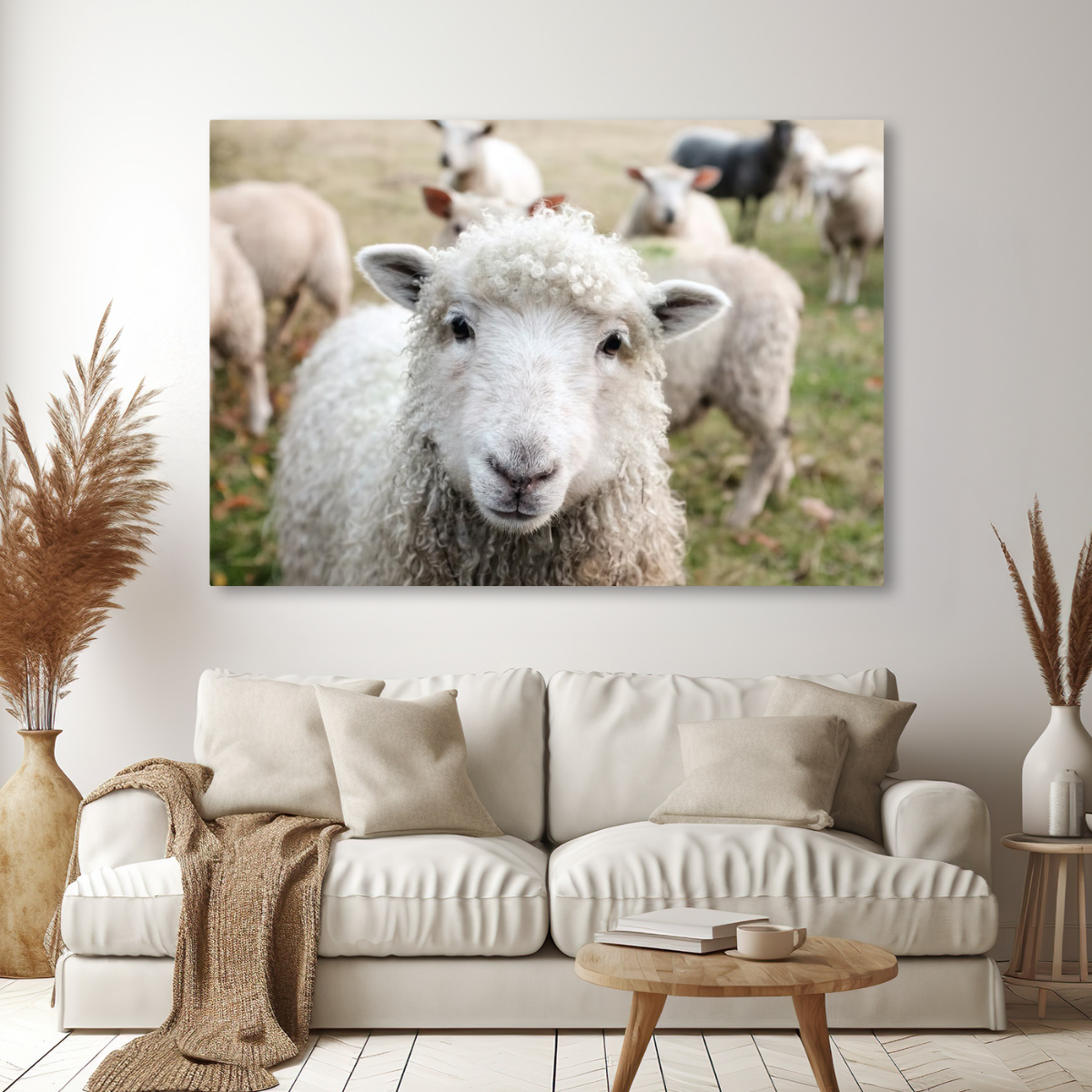 Tablou Canvas Portret de Oaie pe Câmp, Fotografie Rurală, Alb-Verde IPCVANI-307
