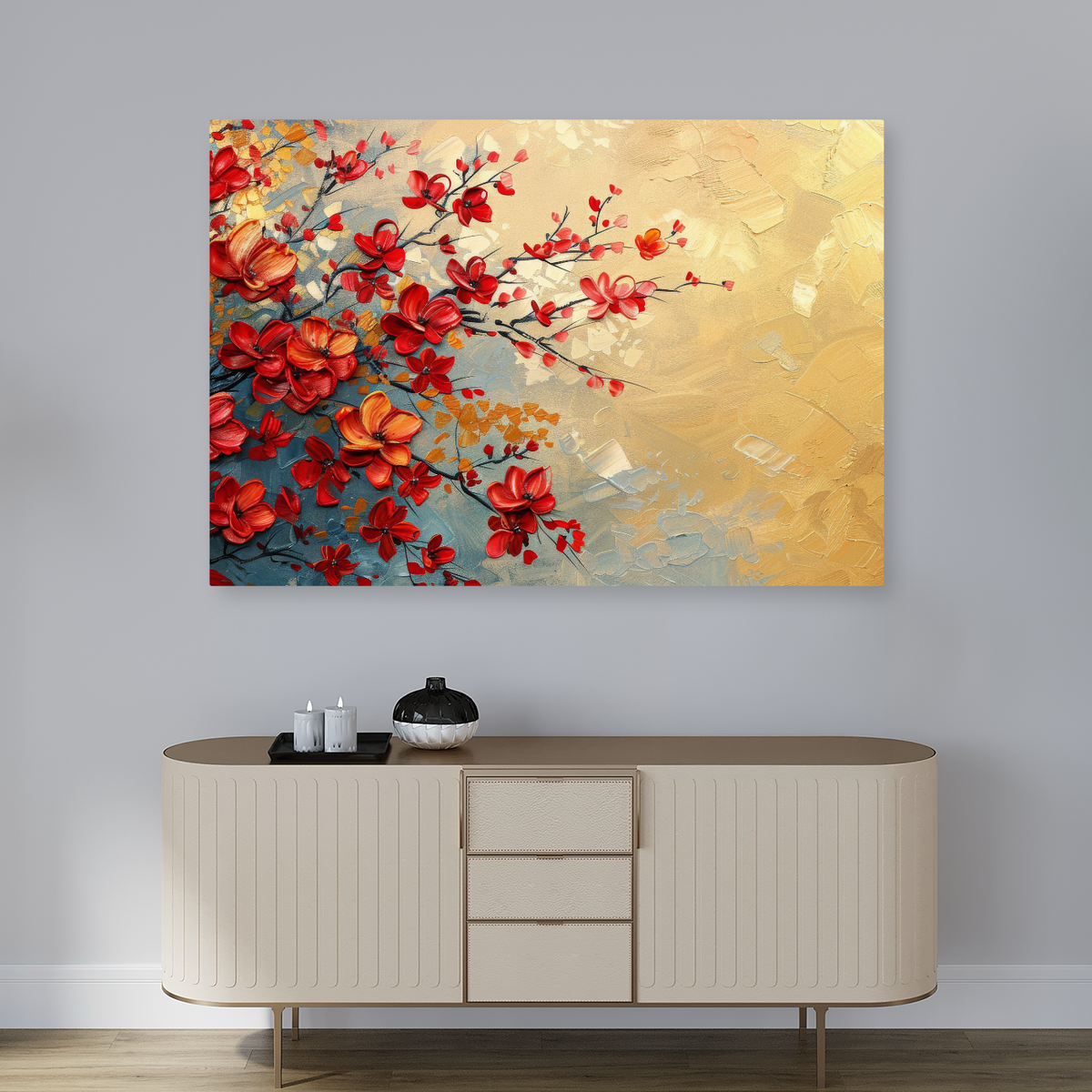 Tablou Canvas Ramuri Înflorite Roșii, Pictură Texturată, Roșu-Auriu IPCVBST-6, Hol Intrare