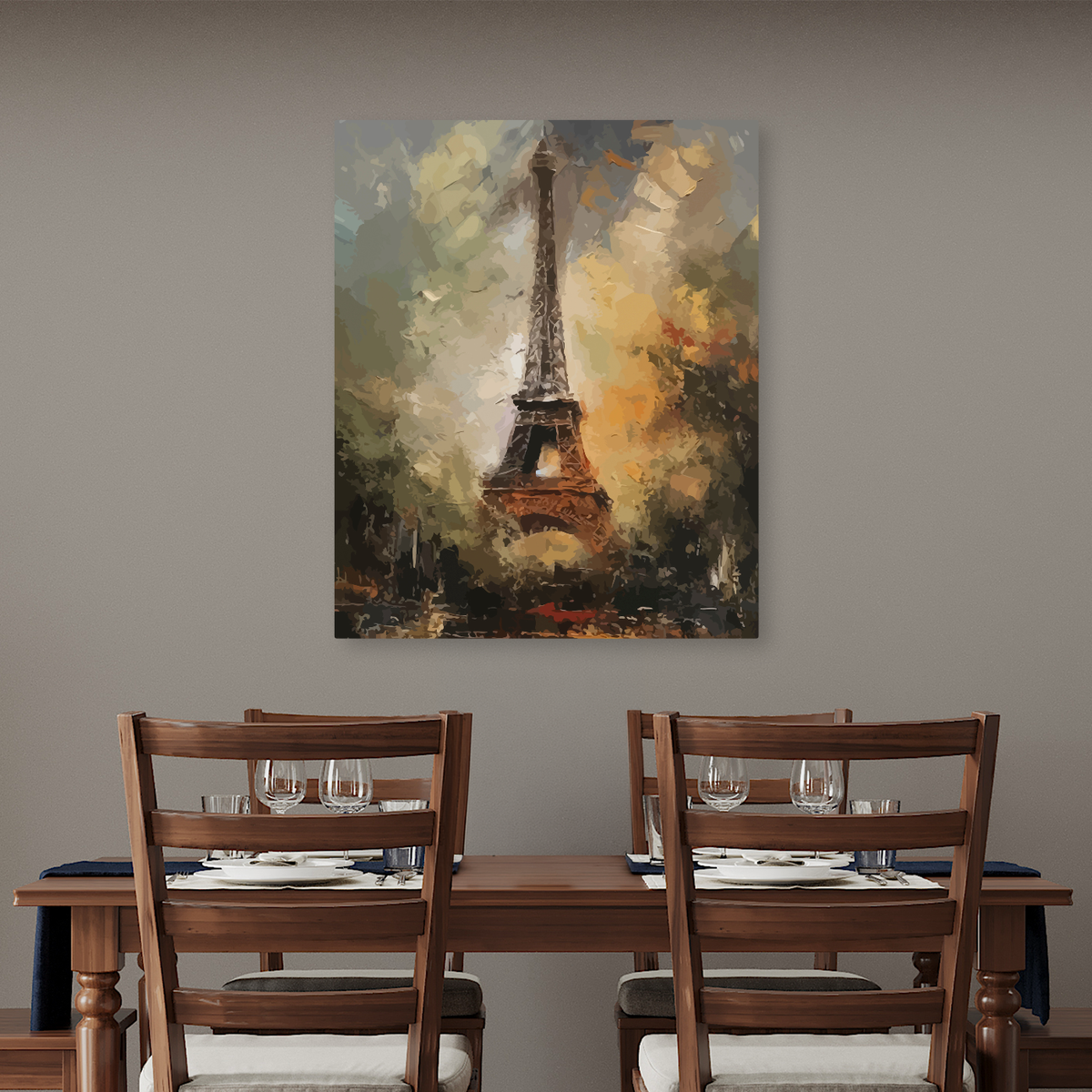 Tablou Canvas Turnul Eiffel Abstract, Pictura Moderna, Ocru-Verde IPCVBST-21, Dining Room