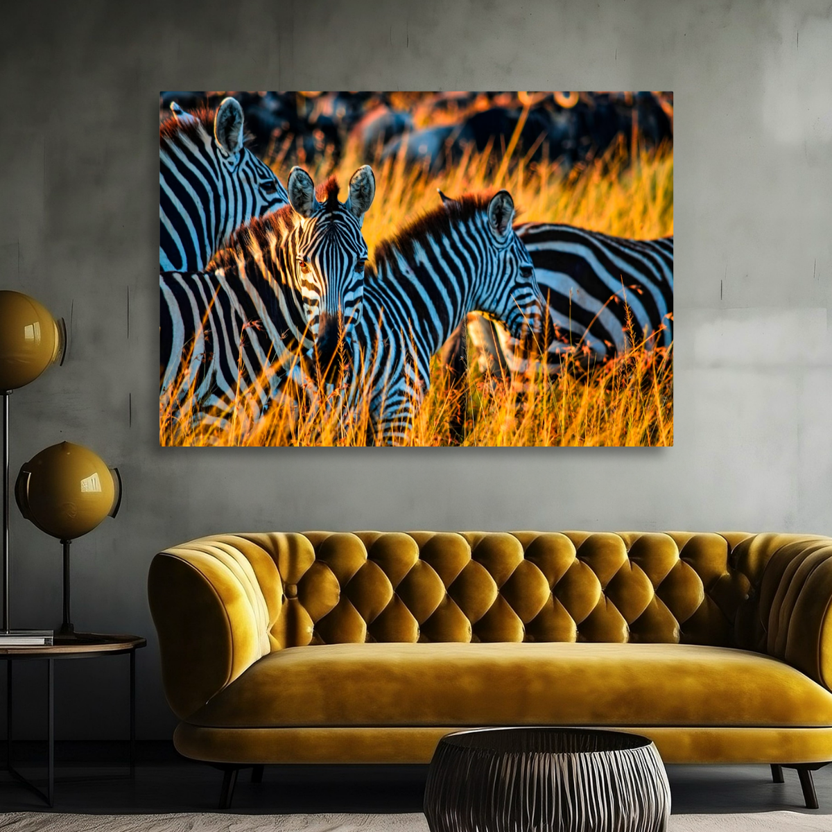 Tablou Canvas Zebre în Savana Africană, Wildlife Natural, Galben-Verde IPCVANI-301