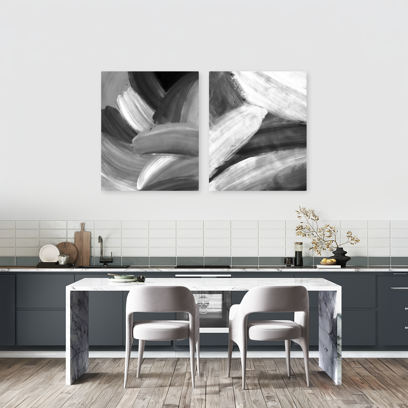 Set 2 Tablouri Canvas Abstract Expresionist, Alb-Negru IPCVBST-15-16, Bucatarie