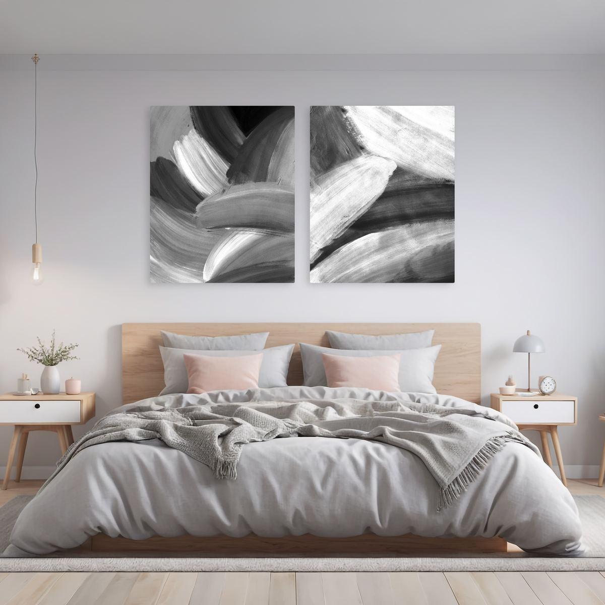Set 2 Tablouri Canvas Abstract Expresionist, Alb-Negru IPCVBST-15-16, Dormitor