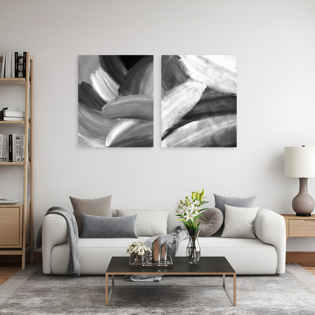 Set 2 Tablouri Canvas Abstract Expresionist, Alb-Negru IPCVBST-15-16, Living Room