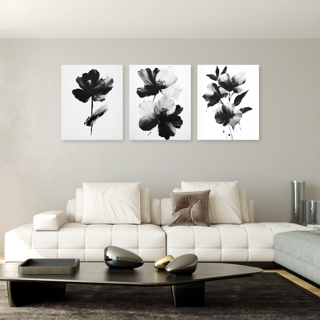 Set 3 Tablouri Canvas Flori Abstracte, Pictură Modernă, Alb-Negru IPCVBST-23-24-25 Living Room