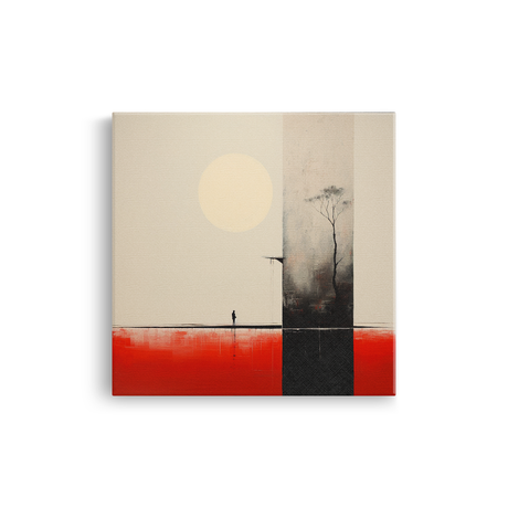 Tablou Canvas Bărbat pe Marginea Lacului la Apus, în Stil Japandi, Negru – Portocaliu