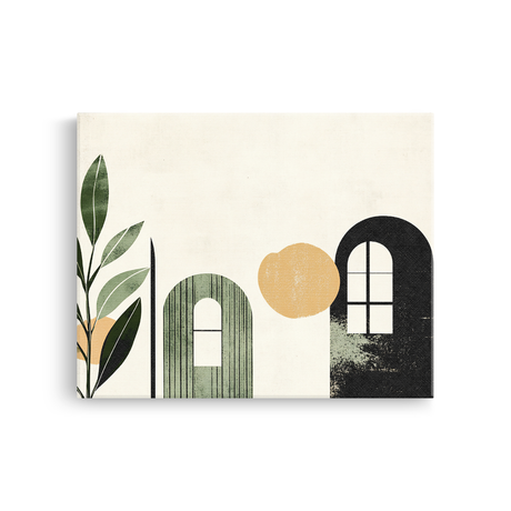 Tablou Canvas Camere cu Geamuri, Uși și Plante, în Stil Japandi, Negru – Verde