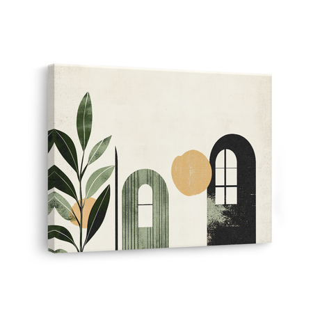 Tablou Canvas Camere cu Geamuri, Uși și Plante, în Stil Japandi, Negru – Verde