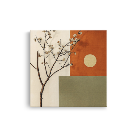 Tablou Canvas Cireș Japonez și Forme Geometrice, în Stil Japandi, Oliv – Portocaliu