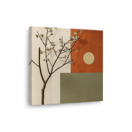 Tablou Canvas Cireș Japonez și Forme Geometrice, în Stil Japandi, Oliv – Portocaliu