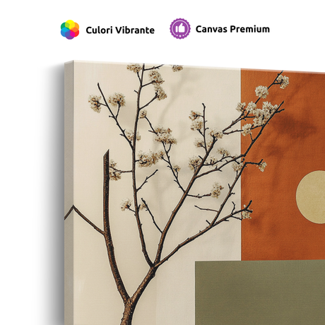Tablou Canvas Cireș Japonez și Forme Geometrice, în Stil Japandi, Oliv – Portocaliu
