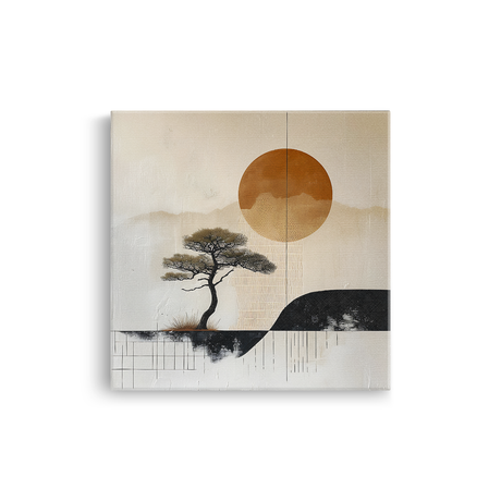 Tablou Canvas Copac Japonez și Soare la Apus, în Stil Japandi, Negru – Bej