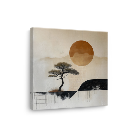Tablou Canvas Copac Japonez și Soare la Apus, în Stil Japandi, Negru – Bej