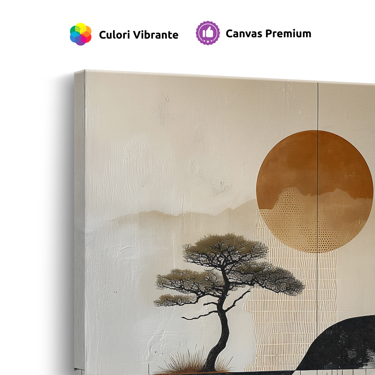 Tablou Canvas Copac Japonez și Soare la Apus, în Stil Japandi, Negru – Bej