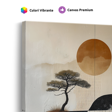 Tablou Canvas Copac Japonez și Soare la Apus, în Stil Japandi, Negru – Bej