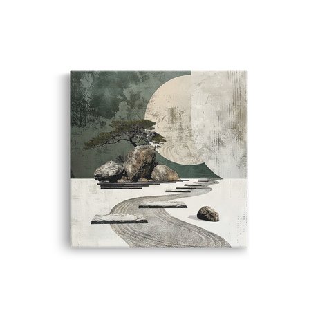 Tablou Canvas Copac Japonez, Râu și Pietre, în Stil Japandi, Bej – Gri