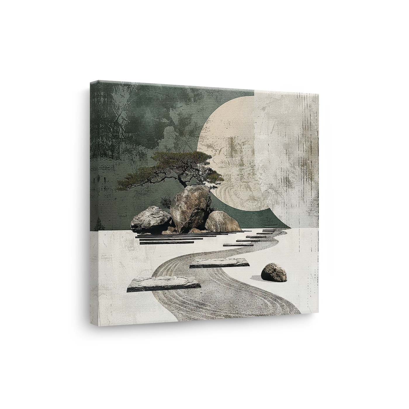 Tablou Canvas Copac Japonez, Râu și Pietre, în Stil Japandi, Bej – Gri