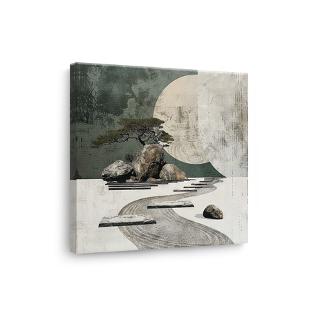 Tablou Canvas Copac Japonez, Râu și Pietre, în Stil Japandi, Bej – Gri