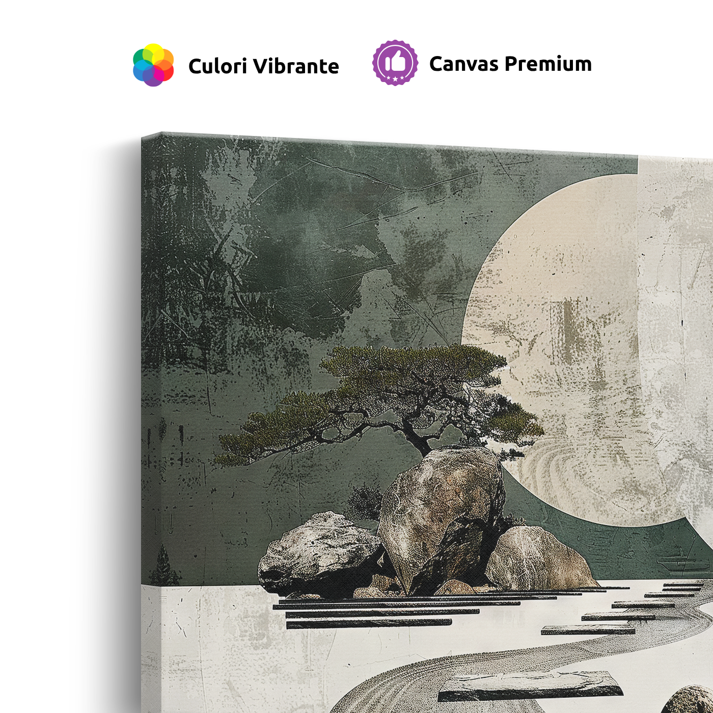 Tablou Canvas Copac Japonez, Râu și Pietre, în Stil Japandi, Bej – Gri