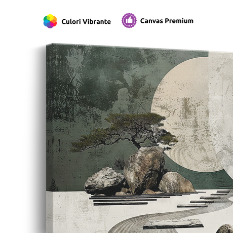 Tablou Canvas Copac Japonez, Râu și Pietre, în Stil Japandi, Bej – Gri