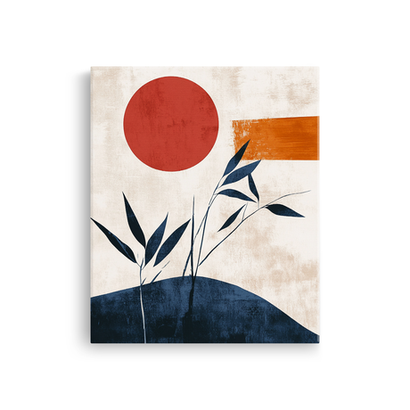 Tablou Canvas Deal sub Apus și Plante, în Stil Japandi, Albastru – Portocaliu