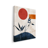 Tablou Canvas Deal sub Apus și Plante, în Stil Japandi, Albastru – Portocaliu