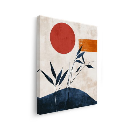 Tablou Canvas Deal sub Apus și Plante, în Stil Japandi, Albastru – Portocaliu