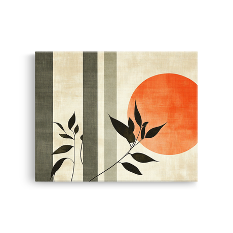 Tablou Canvas Linii, Frunze și Soare, în Stil Japandi, Verde – Portocaliu
