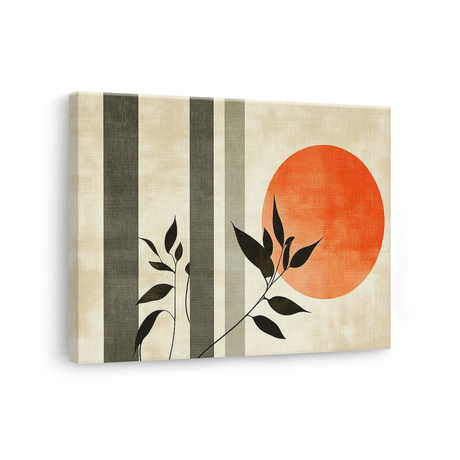 Tablou Canvas Linii, Frunze și Soare, în Stil Japandi, Verde – Portocaliu