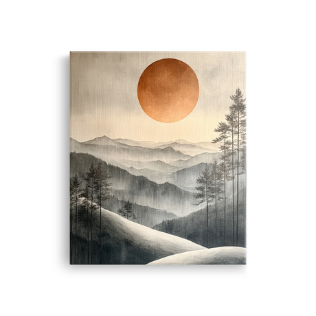 Tablou Canvas Munte Împădurit și Apus, în Stil Japandi, Gri – Portocaliu