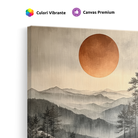 Tablou Canvas Munte Împădurit și Apus, în Stil Japandi, Gri – Portocaliu