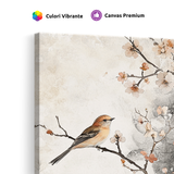 Tablou Canvas Pasăre pe Ramură de Cireș Înflorit, Stil Oriental, Bej-Corai