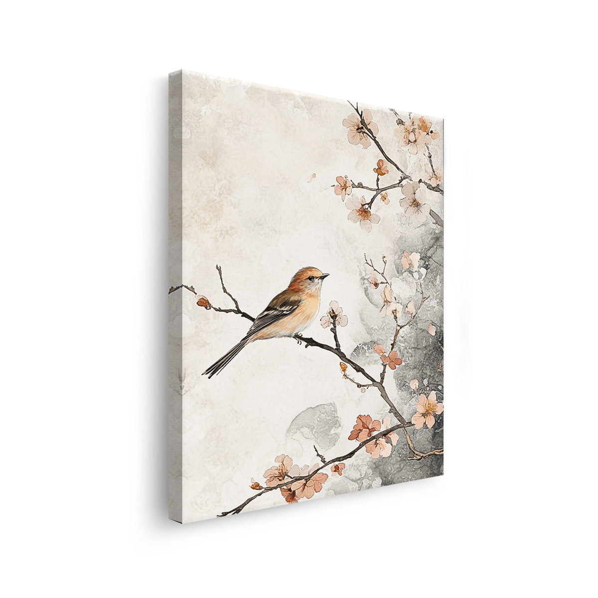 Tablou Canvas Pasăre pe Ramură de Cireș Înflorit, Stil Oriental, Bej-Corai