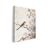 Tablou Canvas Pasăre pe Ramură de Cireș Înflorit, Stil Oriental, Bej-Corai