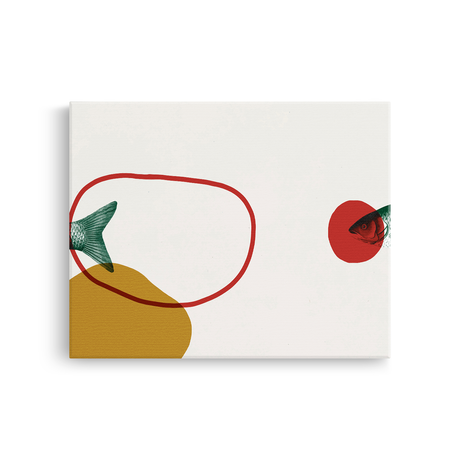Tablou Canvas Pește în Bucăți și Forme Abstracte, în Stil Japandi, Verde – Roșu