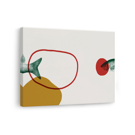 Tablou Canvas Pește în Bucăți și Forme Abstracte, în Stil Japandi, Verde – Roșu