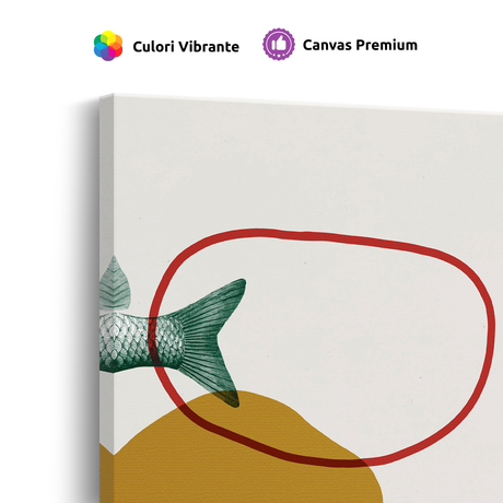 Tablou Canvas Pește în Bucăți și Forme Abstracte, în Stil Japandi, Verde – Roșu