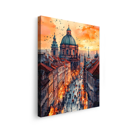 Tablou-Canvas-Peisaj-Urban-la-Apus-Acuarela-Portocaliu-Albastru-IPCVBST-22-Lateral