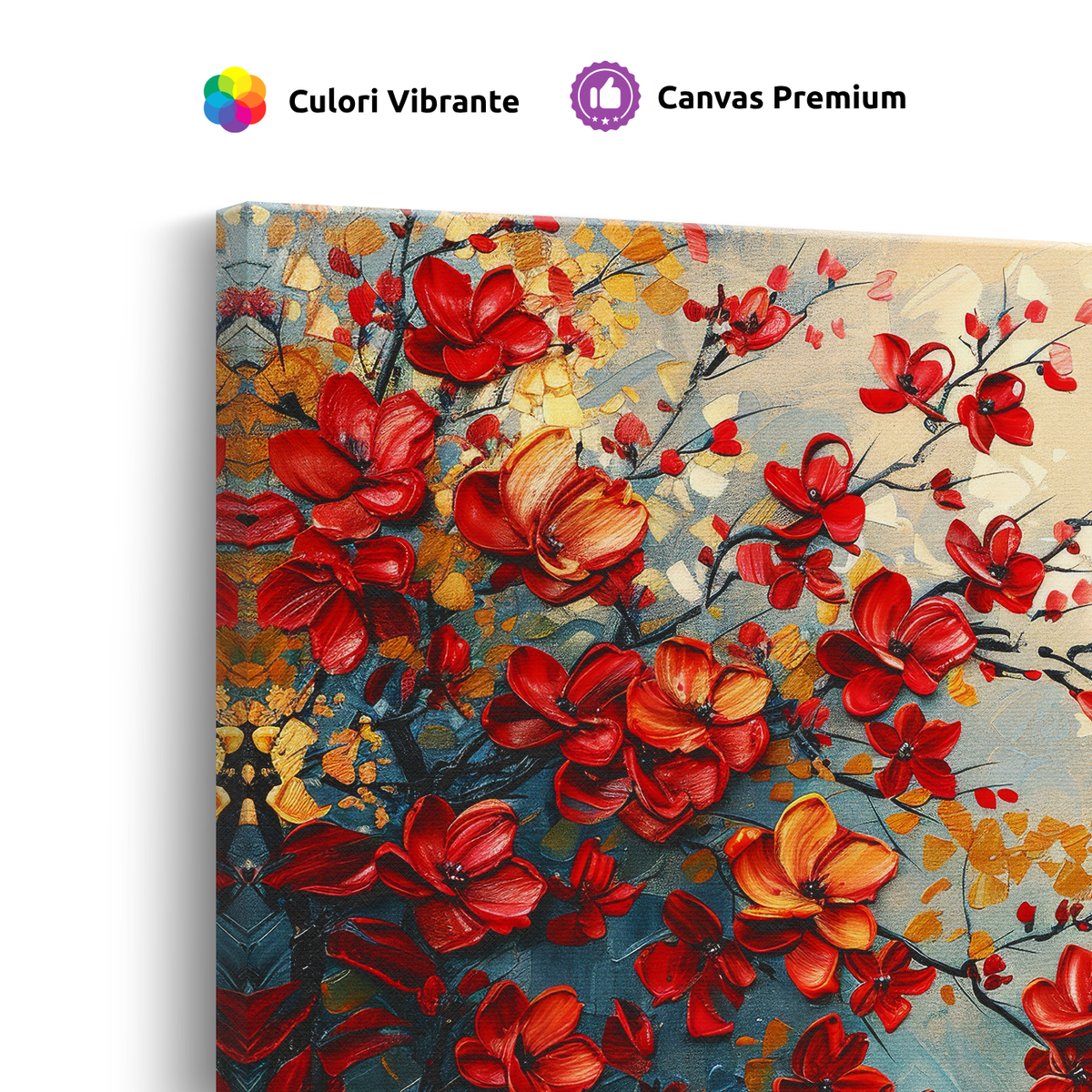 Tablou-Canvas-Ramuri-Inflorite-Rosii-Pictura-Texturata-Rosu-Auriu-IPCVBST-6-Detaliu