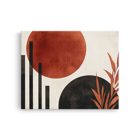 Tablou Canvas cu Forme Japoneze și Plante, în Stil Japandi, Negru – Portocaliu
