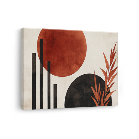 Tablou Canvas cu Forme Japoneze și Plante, în Stil Japandi, Negru – Portocaliu