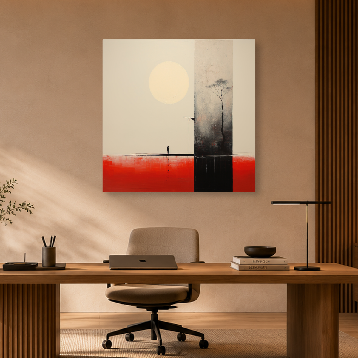 Tablou Canvas Bărbat pe Marginea Lacului la Apus, în Stil Japandi, Negru – Portocaliu